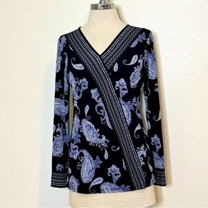 Belle‎ Kim Gravel Women’s Size XXS Black Paisley Printed Crossover Knit Top